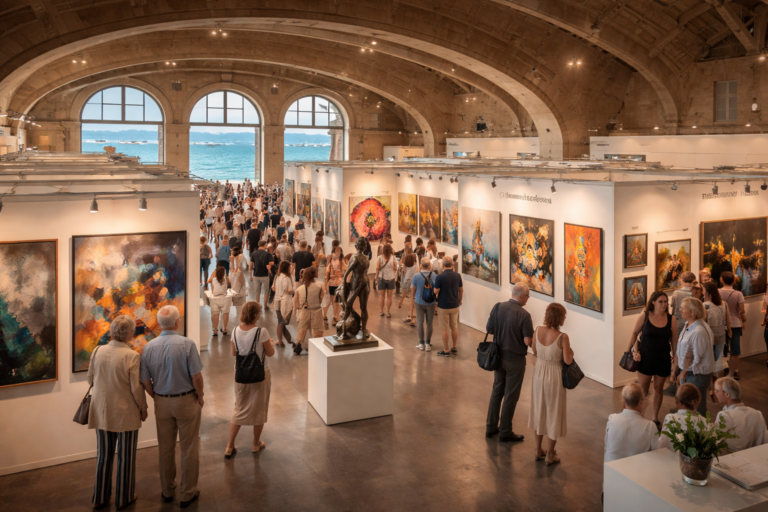Salon d’art contemporain à Antibes avec visiteurs et œuvres exposées face à la Méditerranée